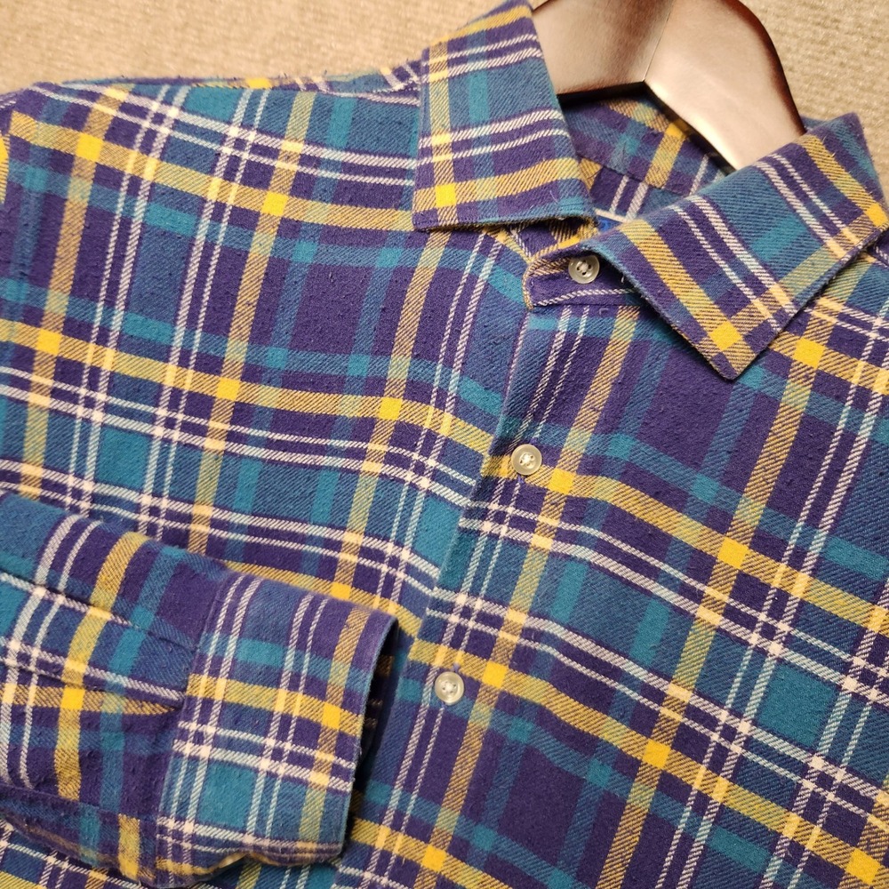 Tom Jones Flannel Shirt Mens L Blue Yellow Plaid Long Sleeve Button Down